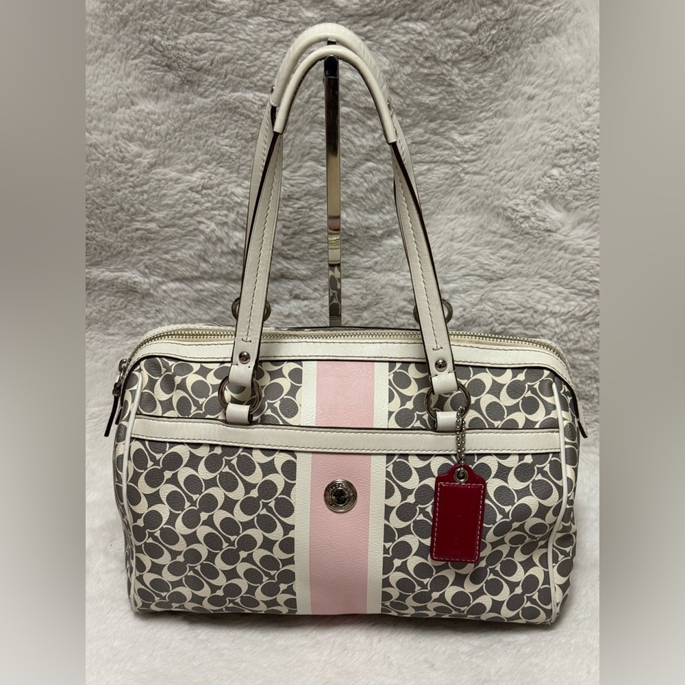 Coach Chelsea Heritage Satchel Gray & Pink Signature Stripe Tote with White Trim - Picture 2 of 13